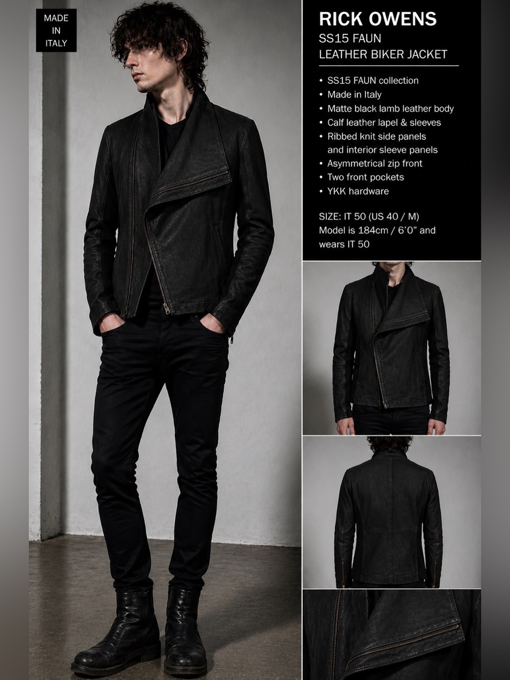 Rick Owens SS15 Faun Leather Biker Jacket Black IT 50 US 40 Lamb Calf